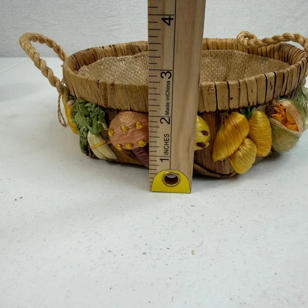 Vintage Woven Straw Basket Mushrooms‎ Vegetable Fruit Raffia Philippines Boho